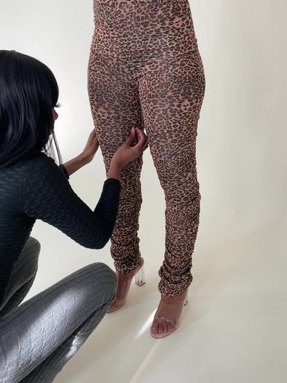 sheer ruched leopard print pants