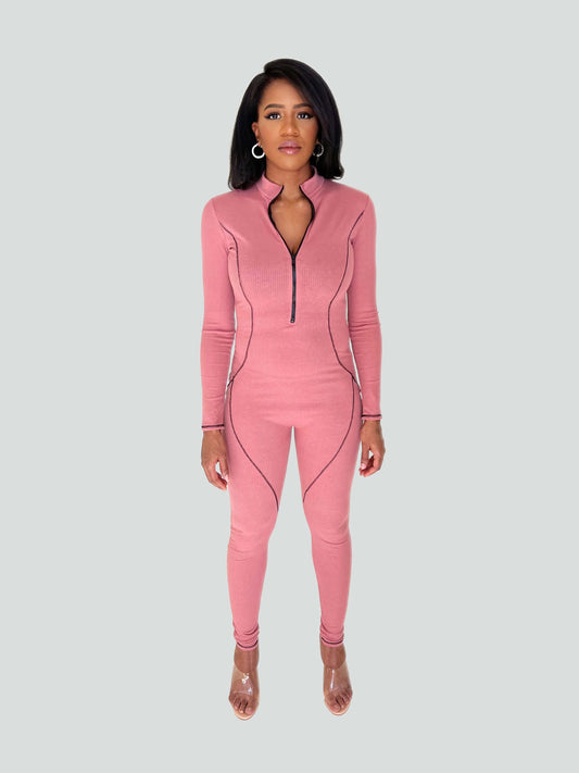 pink zippered one piece jumpsuit
