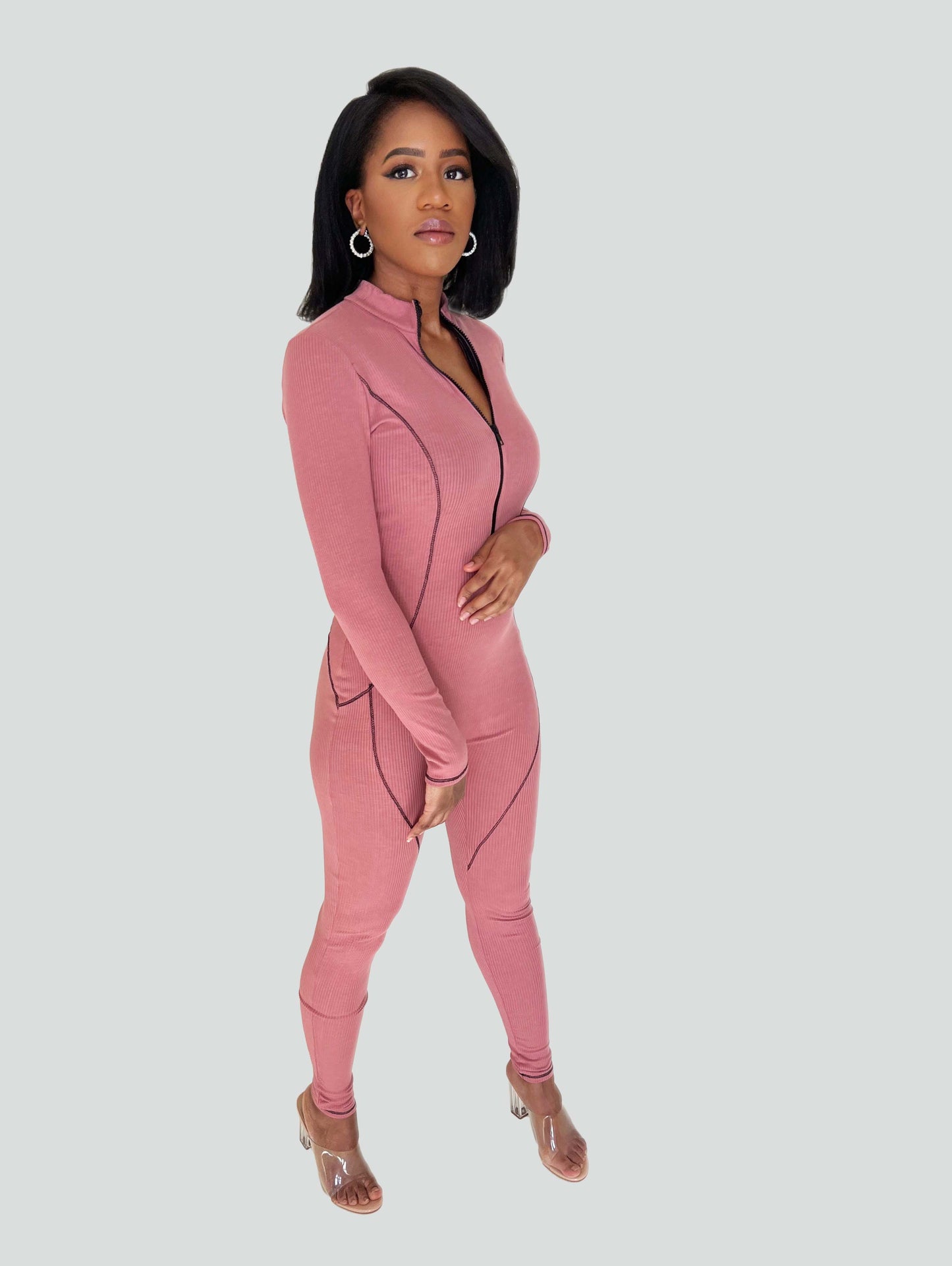 pink zippered one piece jumpsuit