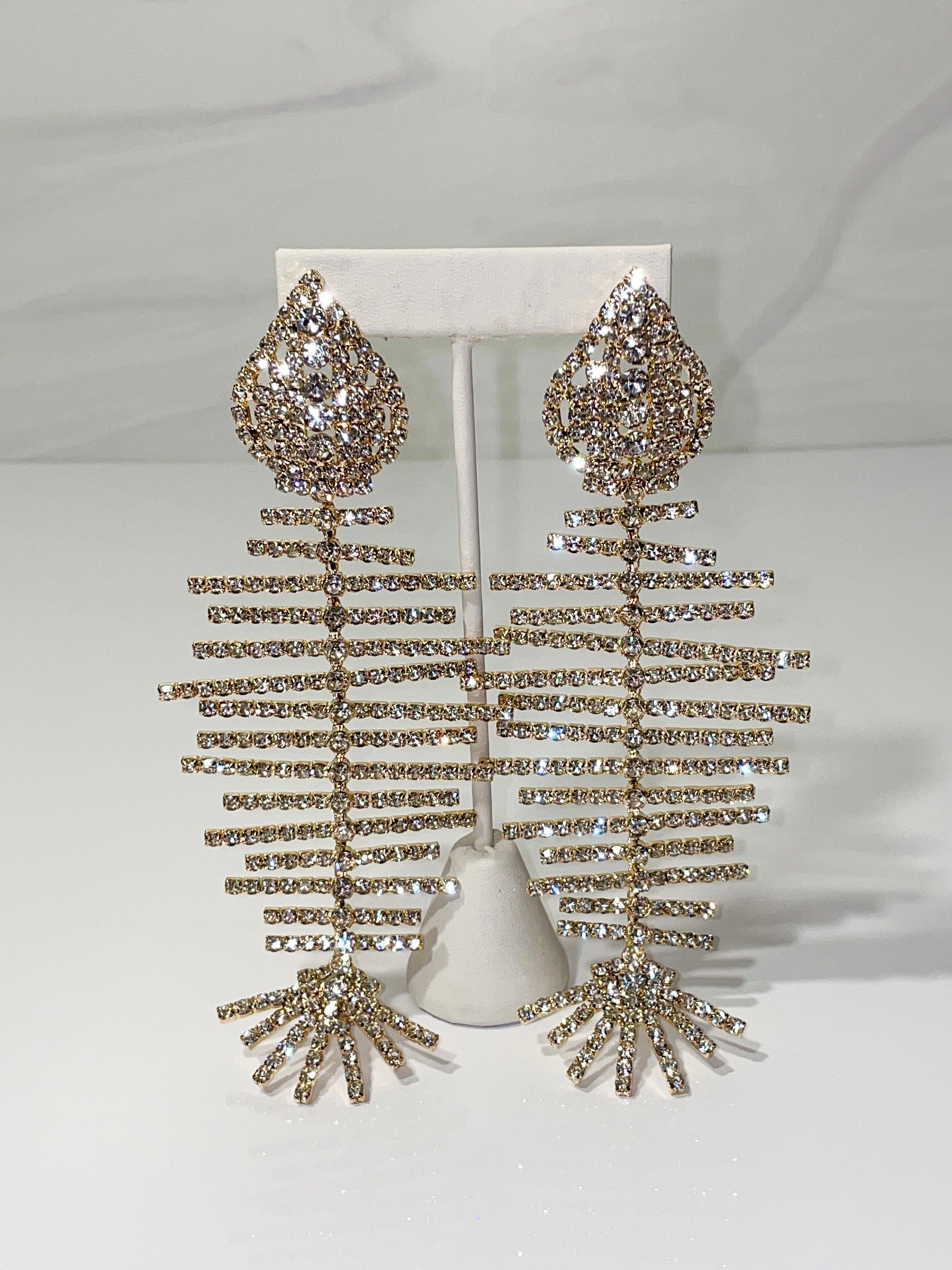 gold rhinestone dangling fish earrings