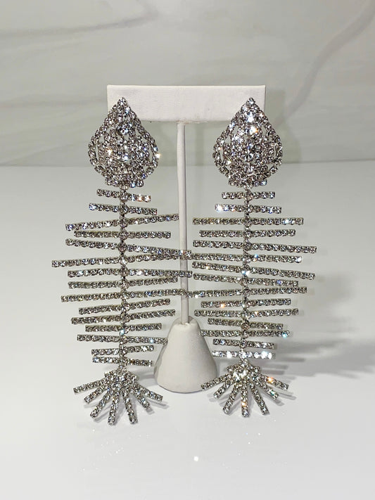 silver rhinestone dangling fish earrings