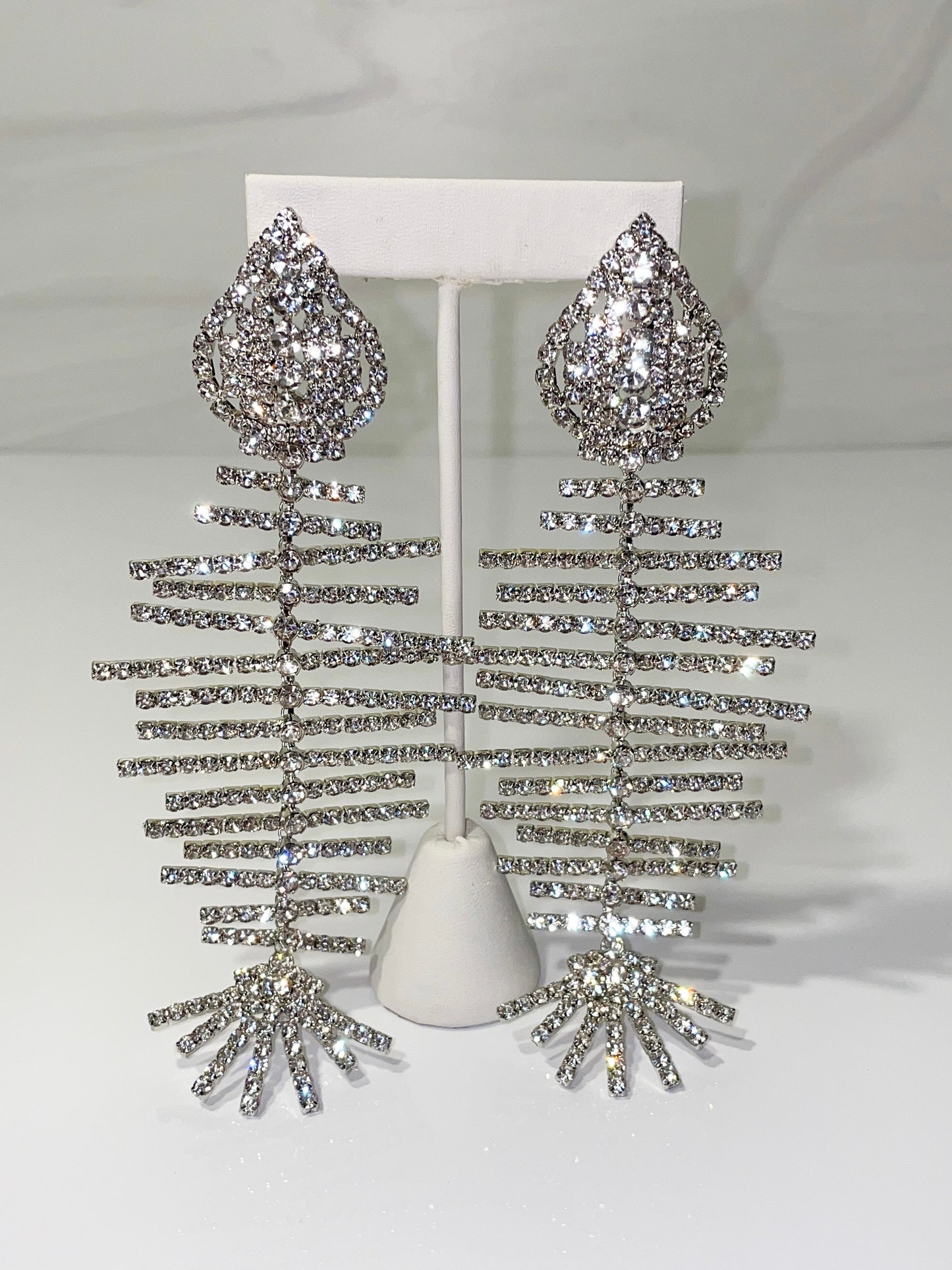 silver rhinestone dangling fish earrings